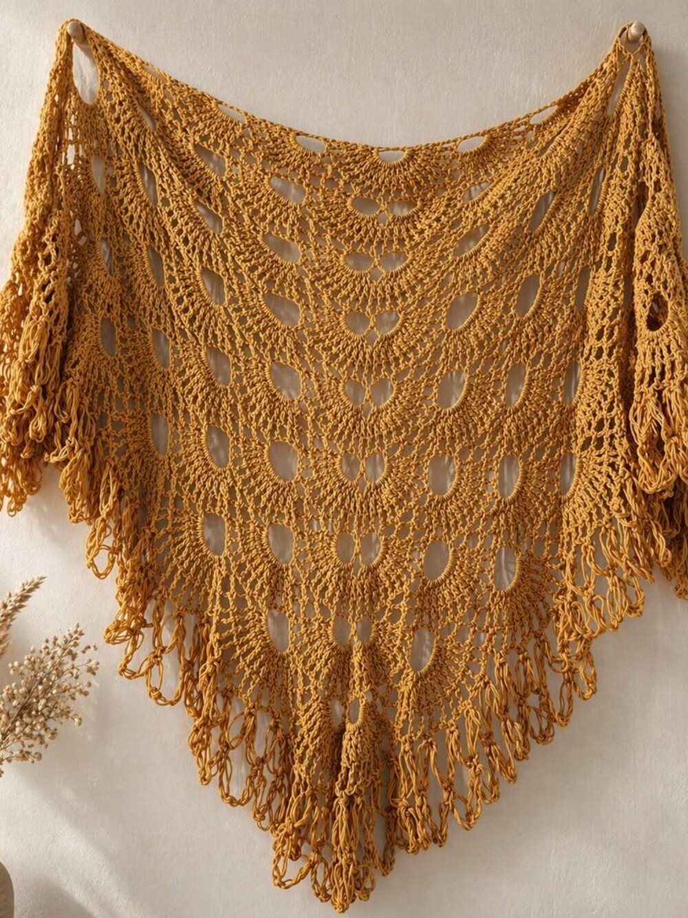 Handmade Crochet Shawl Mustard | Boho Fringe Wrap Scarf